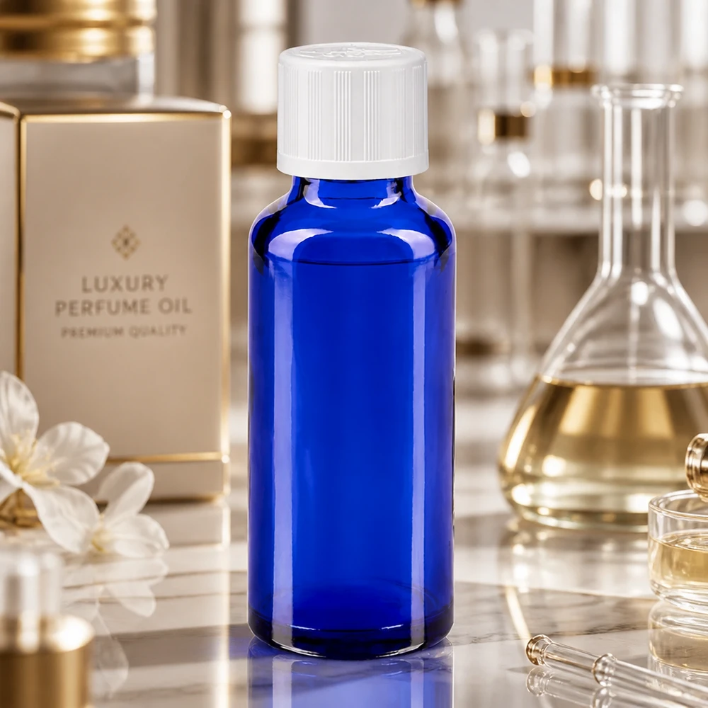 Blauwe glazen flessen 30ml met wit schroefsluiting kinderslot St Premium glazen flesje van 30 ml in koningsblauw met een witte veiligheidsdop voor etherische oliën