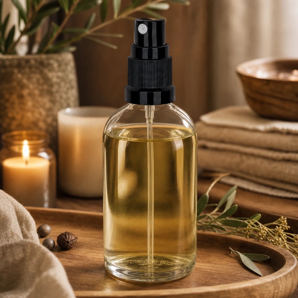 100ml sprayflacon zwart/tr. STD ClearLine UT18/100 Aromatherapie-spuitfles van 100 ml, van glas, met gouden olie en een zwarte verstuiver – Wellness-sfeer