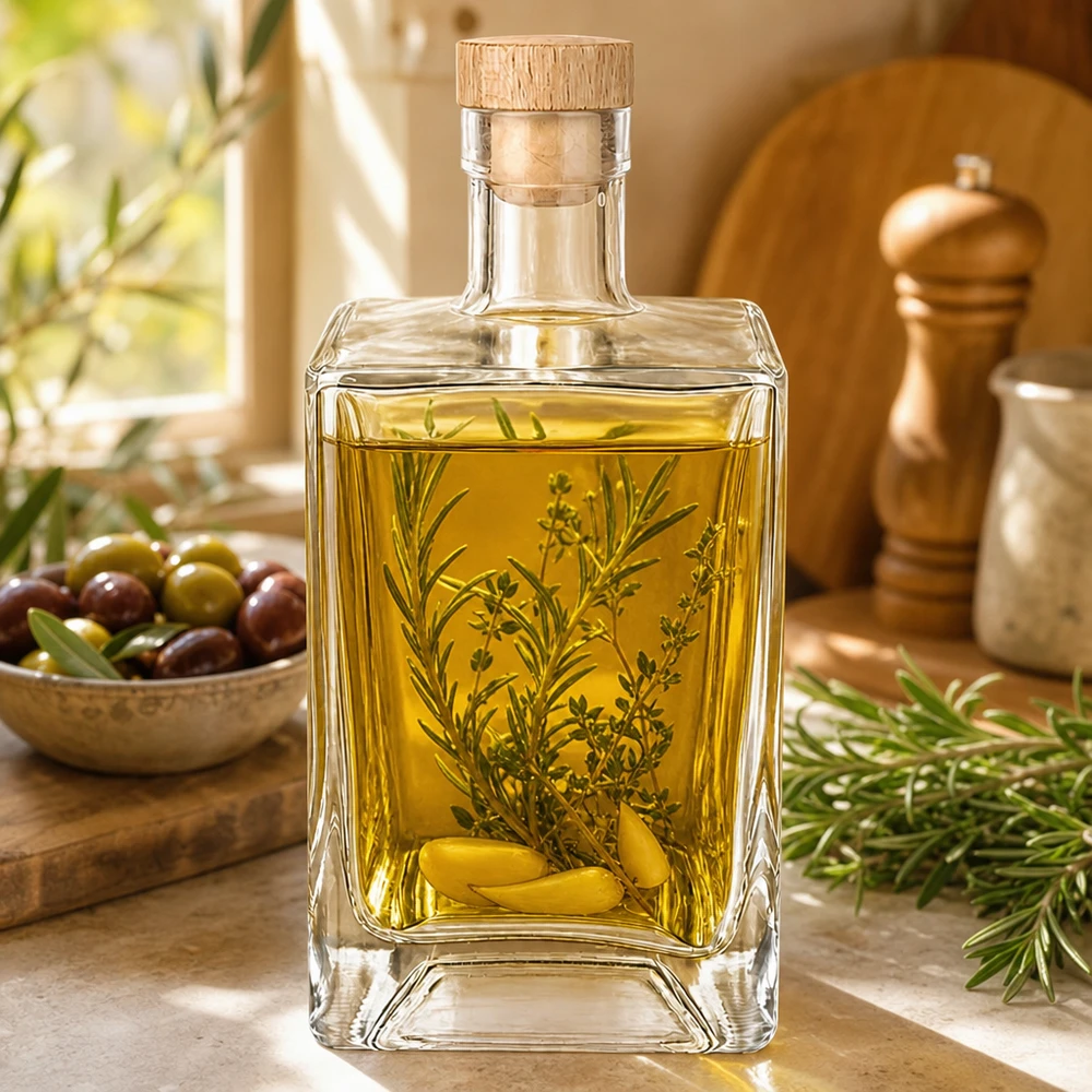 700ml glazen fles Ben gevuld met olijfolie kruiden Mediterrane keuken rozemarijntakje olijven houten kurk UNiTWIST