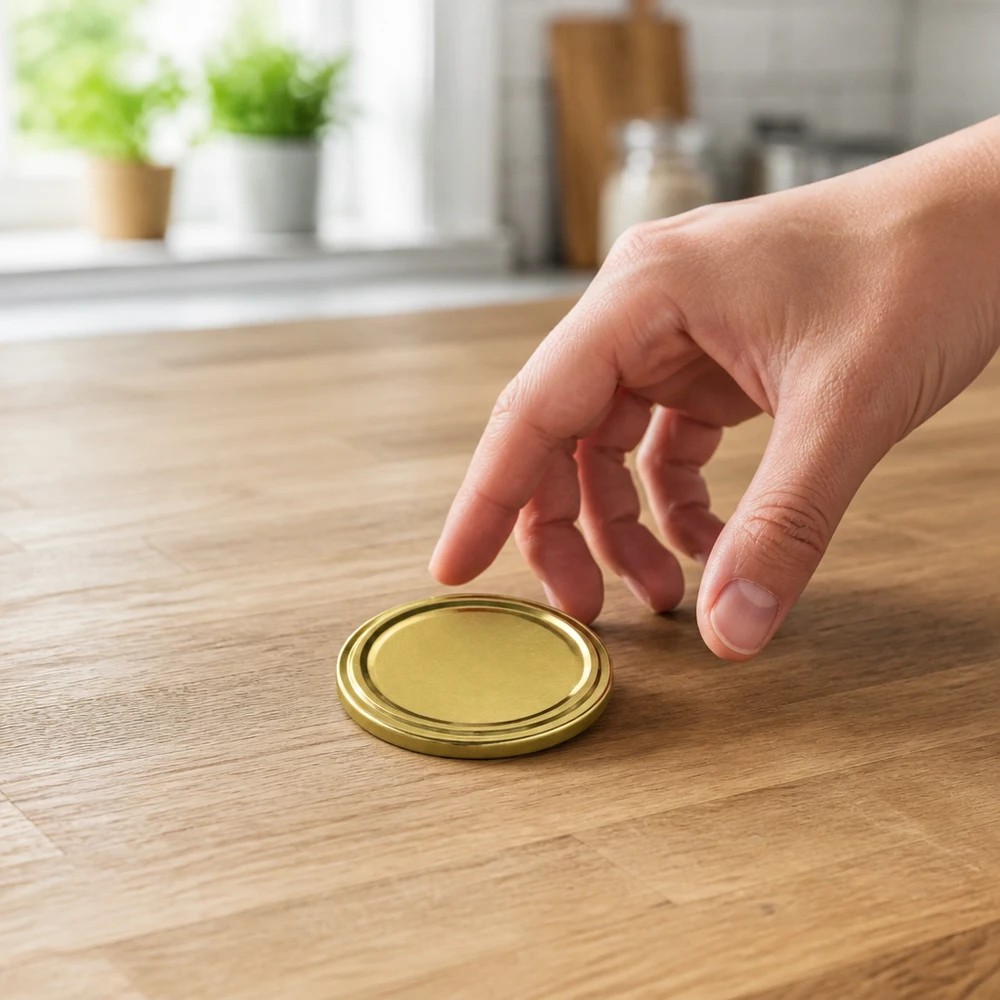 70mm BioSeal deksel goud (TO70) UNiTWIST UNiTWIST TO70 ronde gouden schroefdeksel TO70 BioSeal unitemp op lichte houten keuken