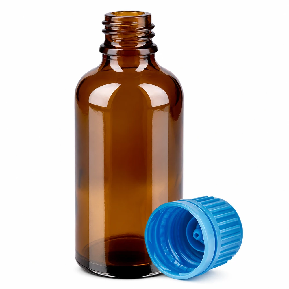 Farmaceutische glazen fles 50ml met 11mm opening en blauwe verzegelstop