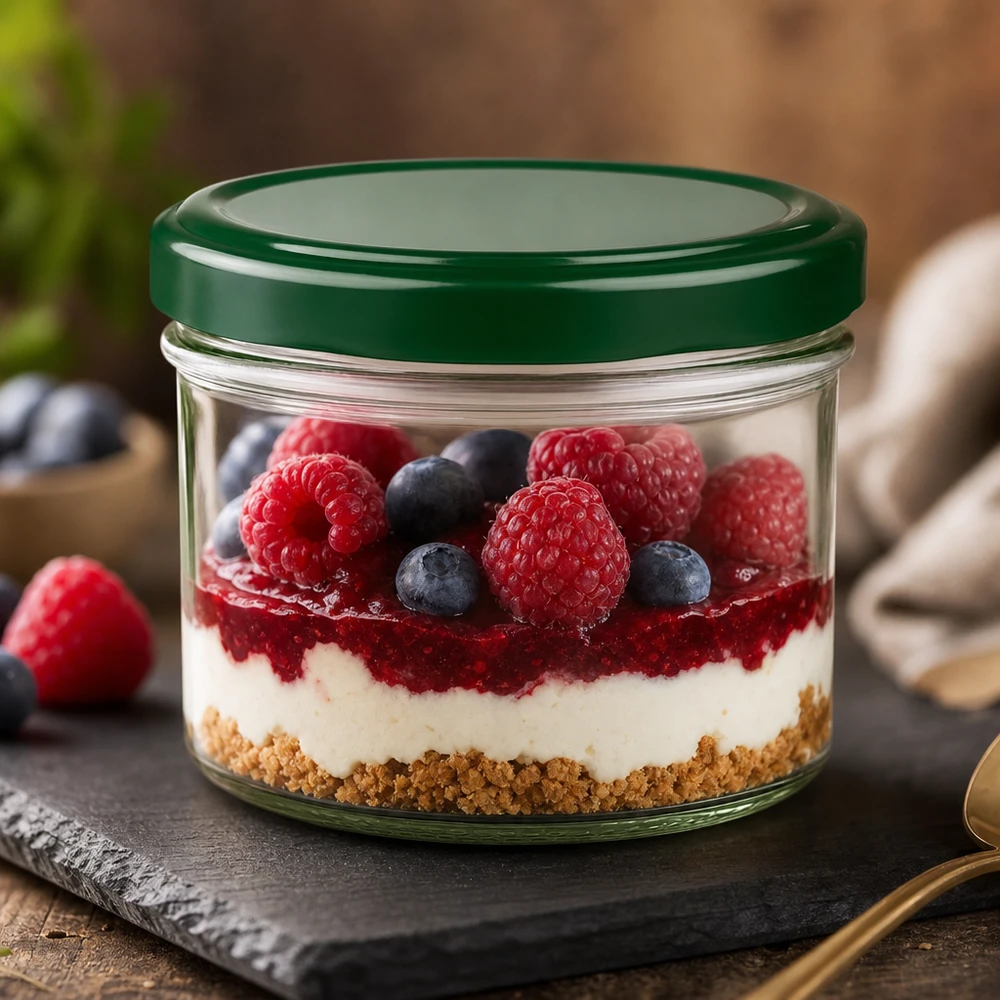 230ml cilindrische pot met BasicSeal deksel groen UNiTWIST Dessert in 230 ml cilinderpot met groen BasicSeal deksel - perfect voor gelaagde desserts en zoete lekkernijen