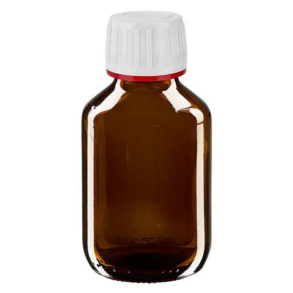 100ml Euro-medicijnfles bruin met witte schroefsluiting VR 100ml Euro-medicijnfles bruin met witte schroefsluiting VR