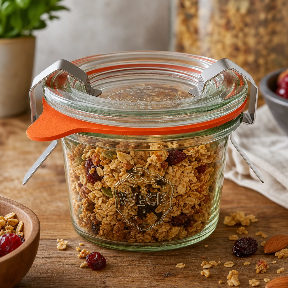 WECK 35ml RR40 metselpot gevuld met muesli en gedroogd fruit toont veelzijdig gebruik als voorraadpot