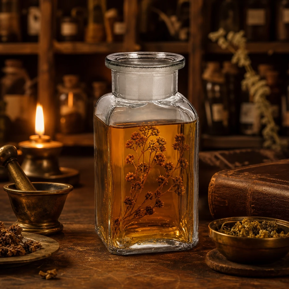 Historische apothekersfles van 100 ml, vierkant, van helder glas, gevuld met gedroogd kruidenextract