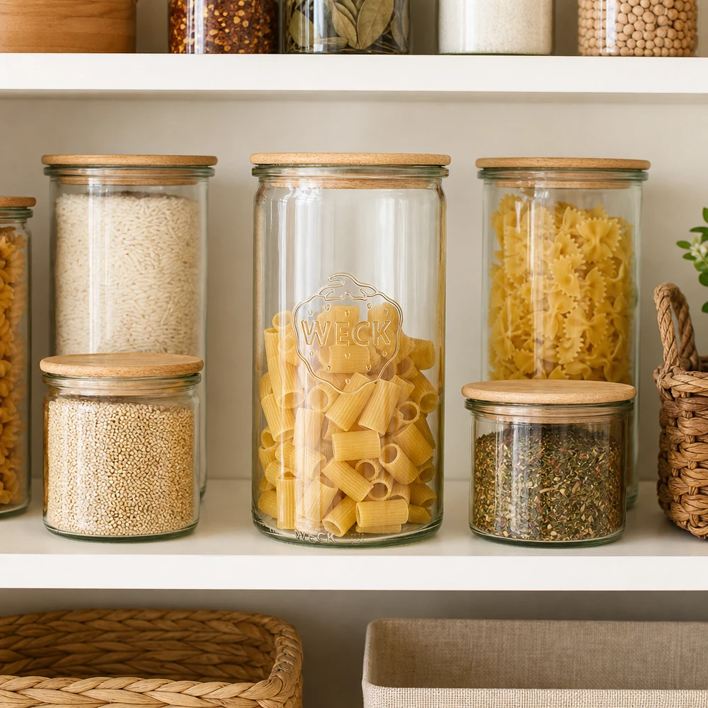 1590ml cilinderglas WECK RR100 met hout deksel WECK cilinderpot 1590ml RR100 met houten deksel als keukenindeling voor pasta rijst kruiden in de voorraadkast