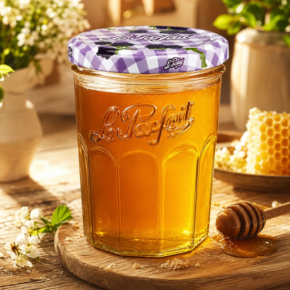 Le Parfait bekers 385ml gevuld met honing naast honingraat en honinglepel op houten plank in een warme sfeer