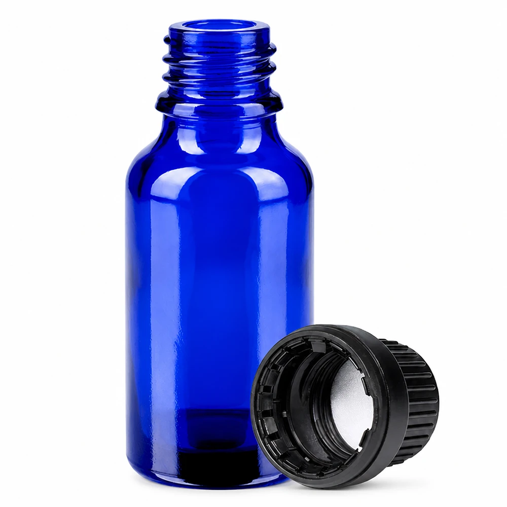 Professionele laboratoriumfles 20ml kobaltblauw met strakke zwarte dop