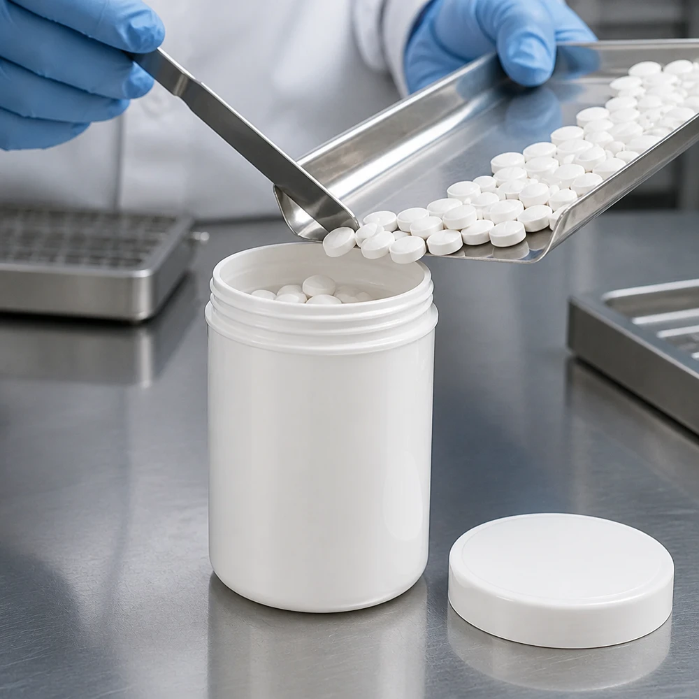 Stevige PP-kruik met brede hals, 500 g, wit, ideaal voor het bewaren van tabletten, capsules en poeder