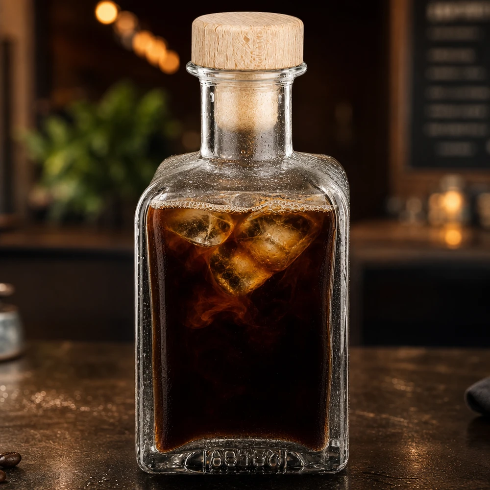 200 ml Apothekersfles Clara met houten handgreepkurk UNiTWIST® 200ml glazen fles Clara gevuld met cold brew koffie ijsblokjes houten kurk sfeervolle verlichting café ambiance