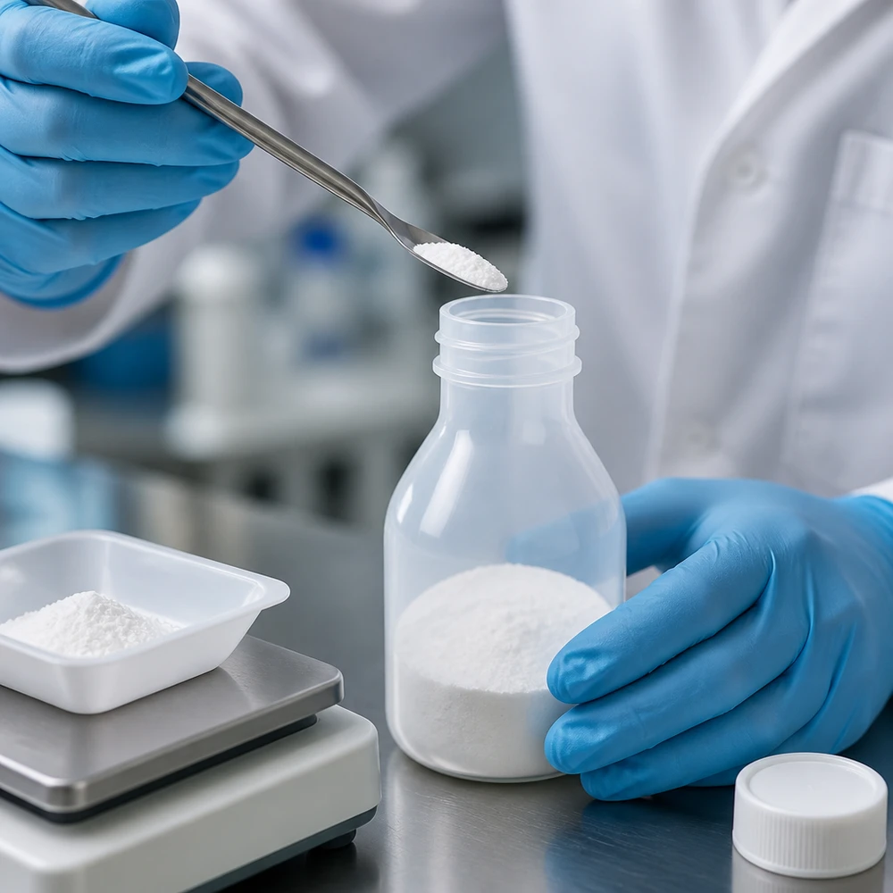 Een laboratoriummedewerker met blauwe handschoenen vult een PE-flesje met smalle hals van 20 ml met behulp van een doseerspatel