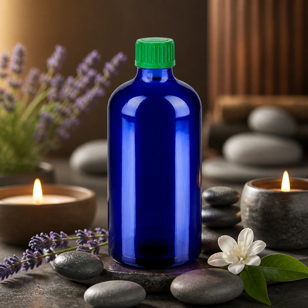 Hoogwaardige blauwe glazen fles 100ml met groene plastic dop voor veilig bewaren
