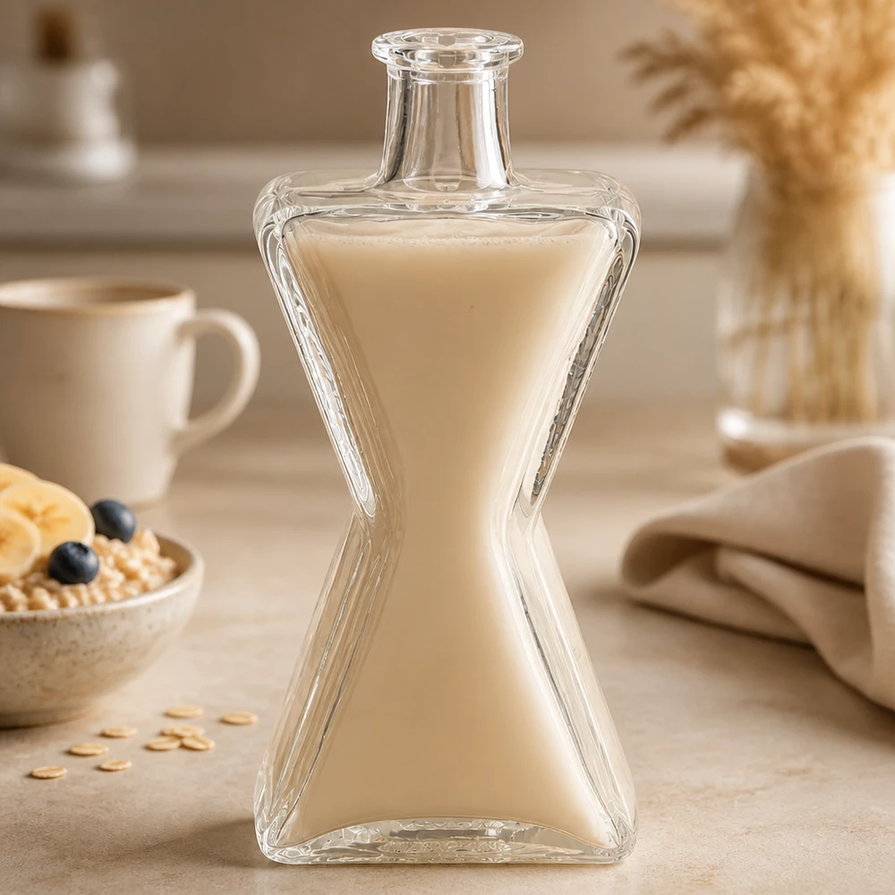 200 ml glazen fles 200ml Glasflasche "Star" ohne Verschluss UNiTWIST zonder sluiting UNiTWIST® 200ml Glasflasche Star mit cremiger Milch befüllt auf Frühstückstisch neben Müslischale als Milchkanne alternative
