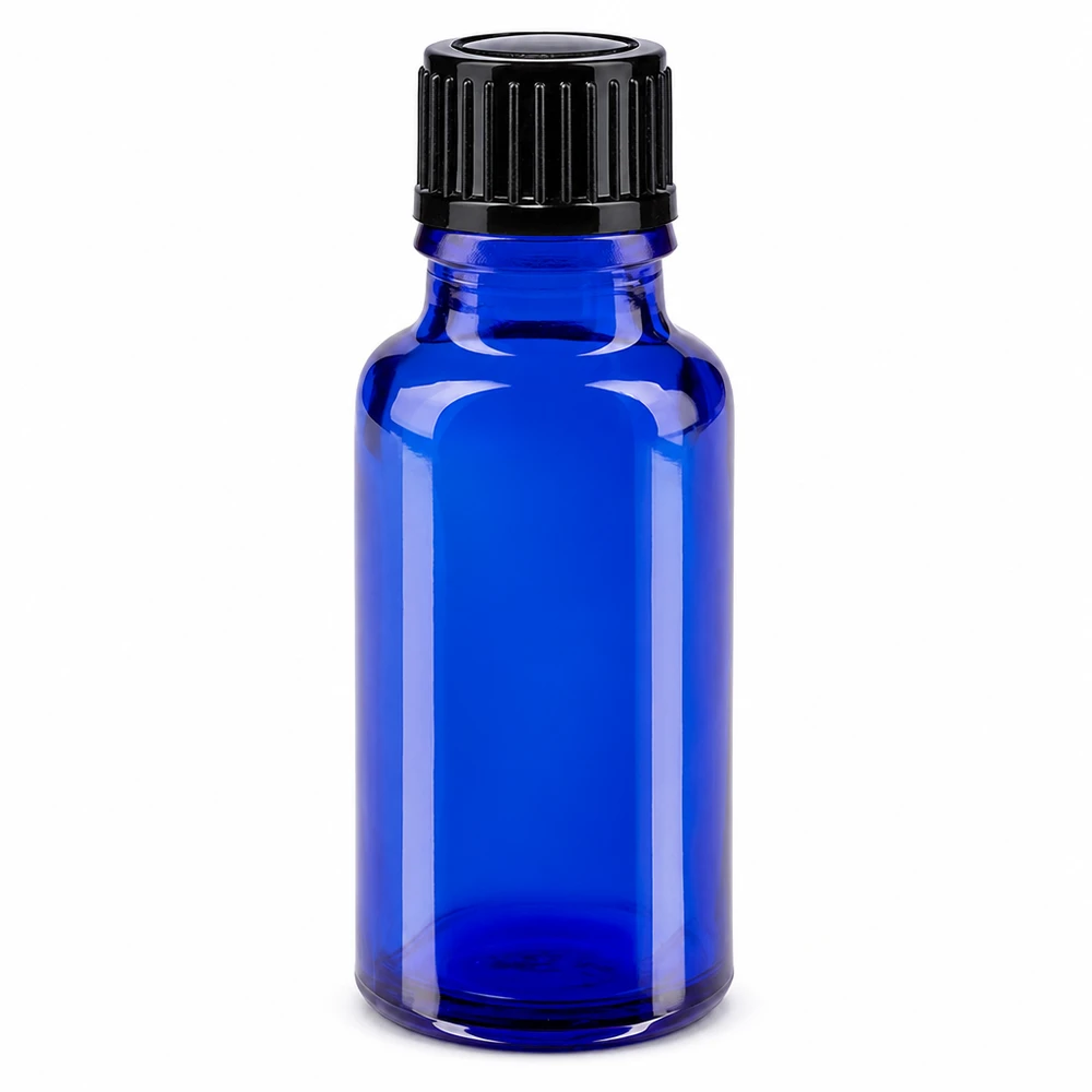 Blauwe glazen flessen 20ml met zwart schroefsluiting St Kobaltblauwe druppelfles van 20 ml van apothekersglas met zwarte SV STD-dop van 11 mm
