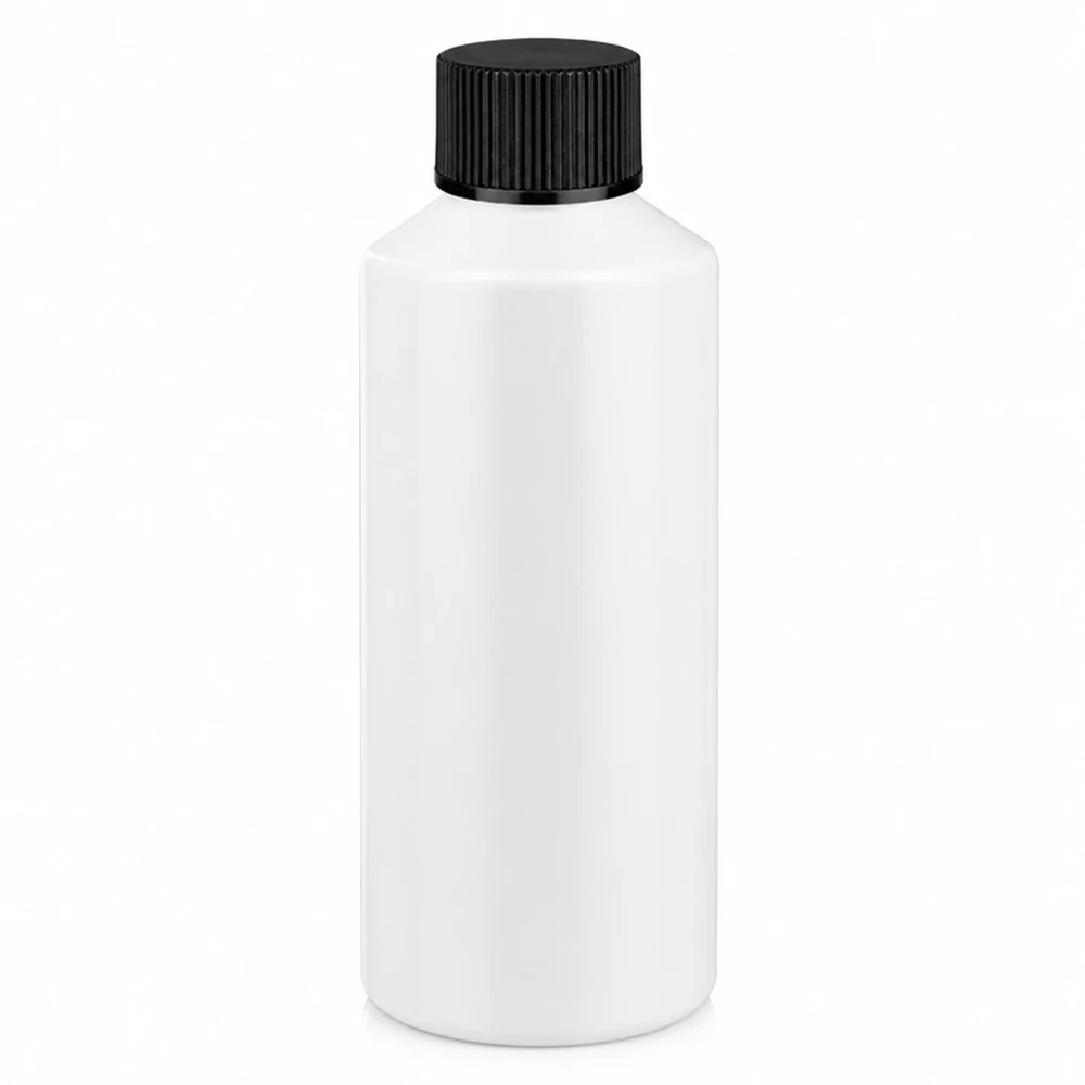 PET cilinderfles 100ml wit met schroefsluiting zwart Kleine witte HDPE-medicijnflesje van 100 ml met zwarte schroefdop voor vloeistoffen