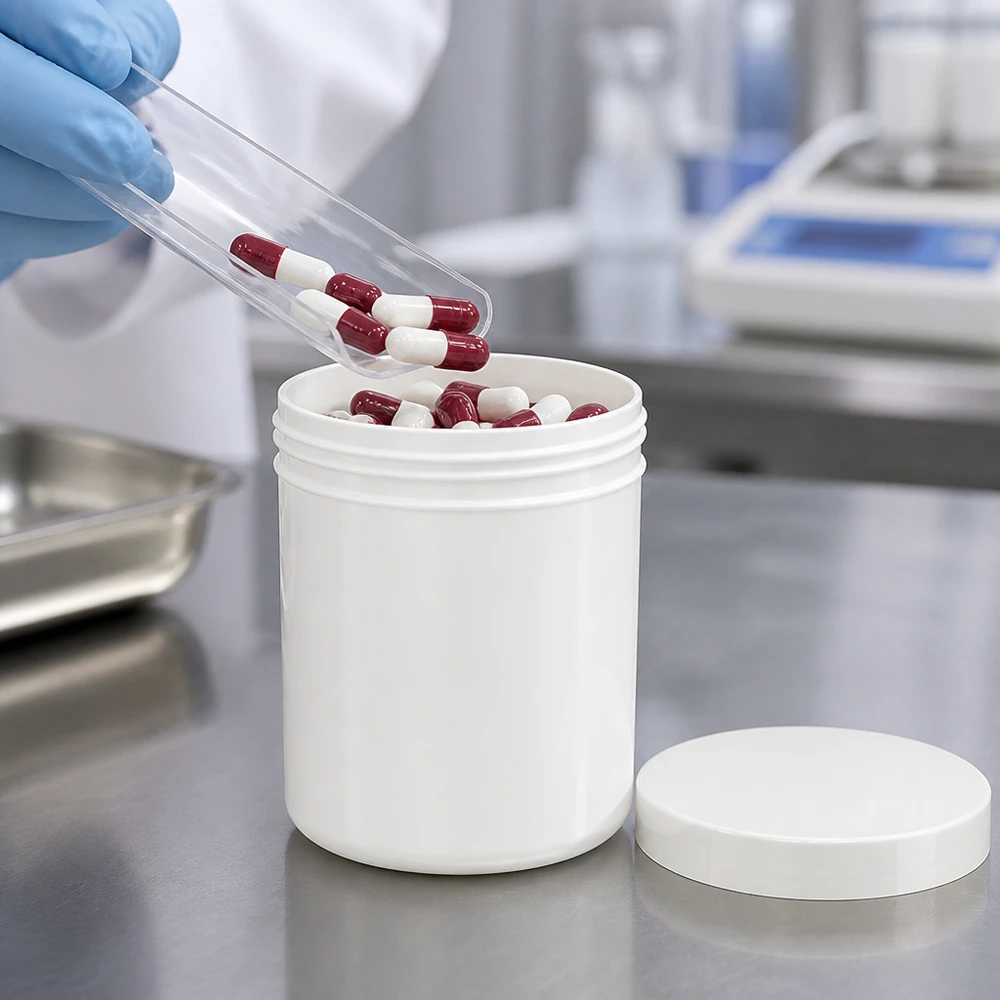 Vullen van capsules in een cilindervormige witte zalfpot van 50 g met een aparte witte schroefdop