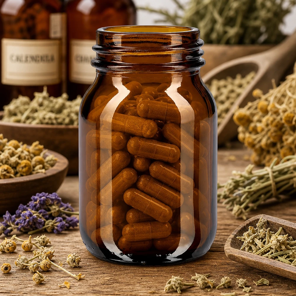 Amberkleurige glazen wijdhalsfles 75ml met DIN 40 hals, geschikt voor capsules en tabletten
