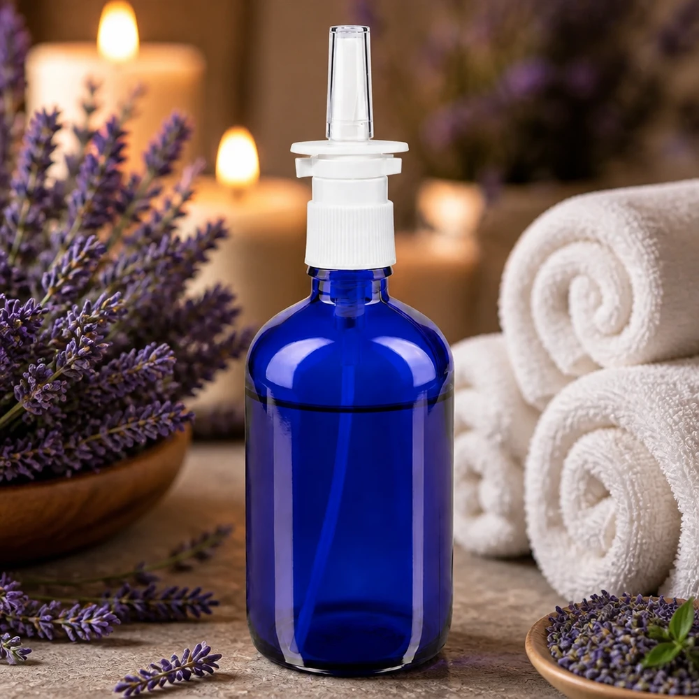 Blauwe glazen flessen 100ml met neusverstuiver 100 ml blauwe apothekersfles met neusspray, standaard witte dop, voor witte badstofdoekjes