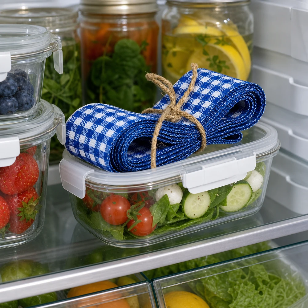 Blauw en wit stoffen lint 300cm decoratief in de koelkast op saladedoos tussen groenten en potten met conserven