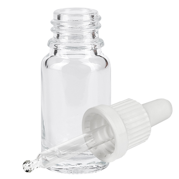 10ml pipetfles wit OV ClearLine UT18/10 Kleine pipetfles van 10 ml van helder glas met een witte pipetdop en een rubberen zuigmond