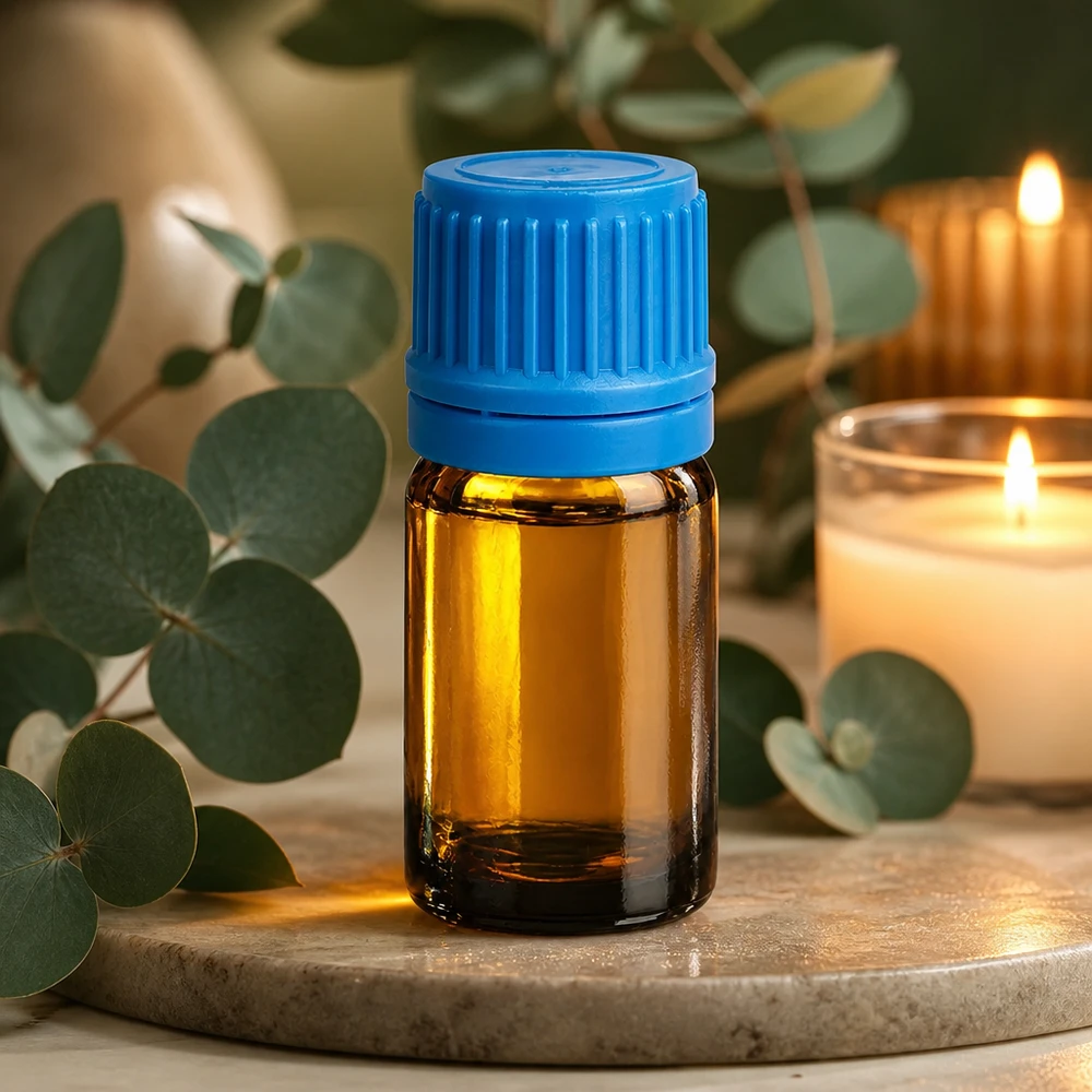 5ml aromatherapieflesje gemaakt van UV-beschermd amberkleurig glas met stevige blauwe schroefdop