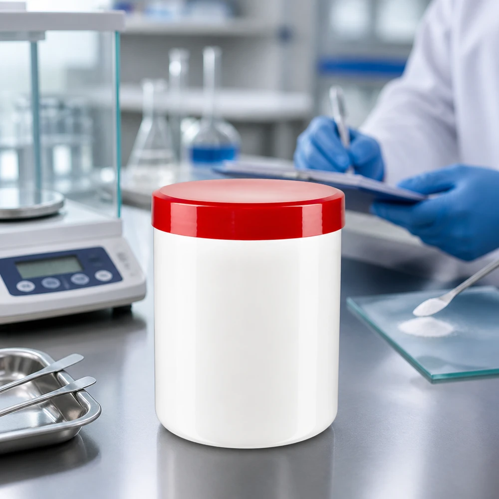 Zalfpot 800 g wit met rood schroefdeksel (PP) Zalfpot met een inhoud van 800 ml, wit PP-kunststof, met rode deksel, voor medische preparaten