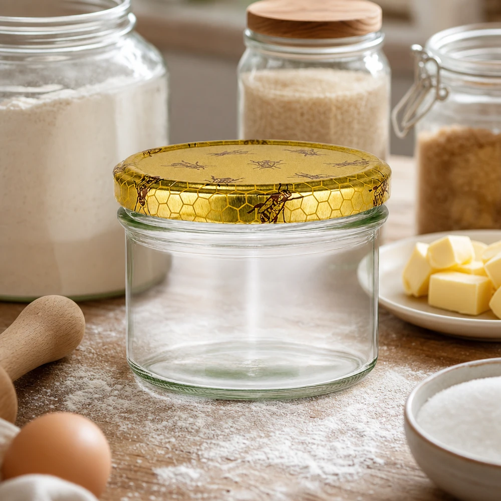 225ml lege glazen pot met gouden BasicSeal honingraatdeksel in bakkerij keukenscène met bloem boter eieren