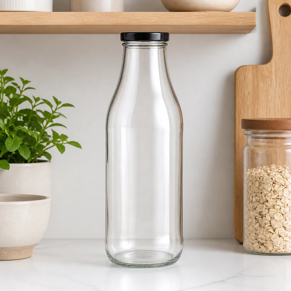 Lege 1000ml glazen fles met zwart deksel in moderne keuken naast houten planken en kruidenplant