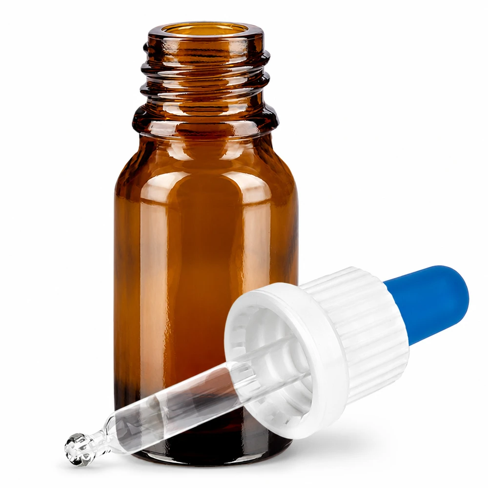 10ml pipetfles wit/blauw OV BrownLine UT18/10 10ml amberkleurig glazen pipetflesje met druppeldop voor cosmetica en etherische oliën