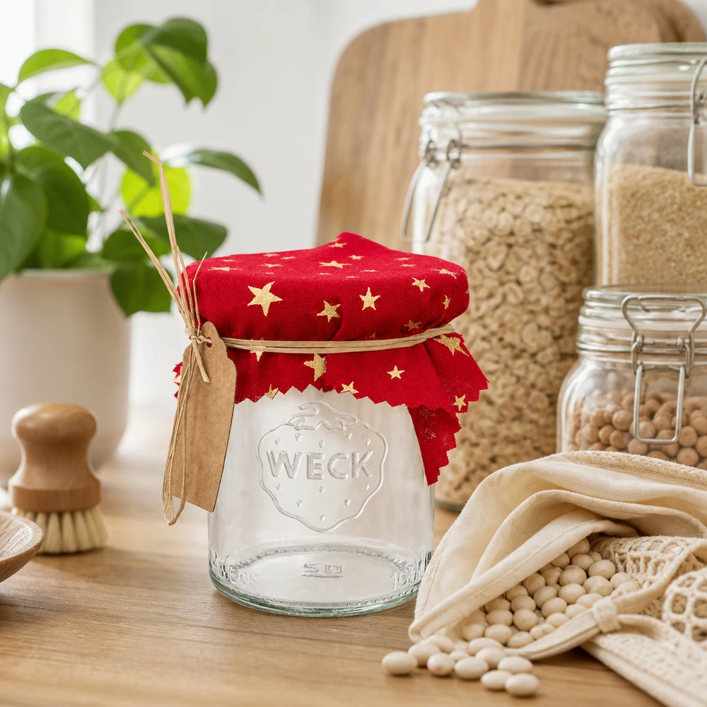 Rode decoratieve doily met sterren 12cm op WECK pot in duurzame zero-waste keuken met peulvruchten