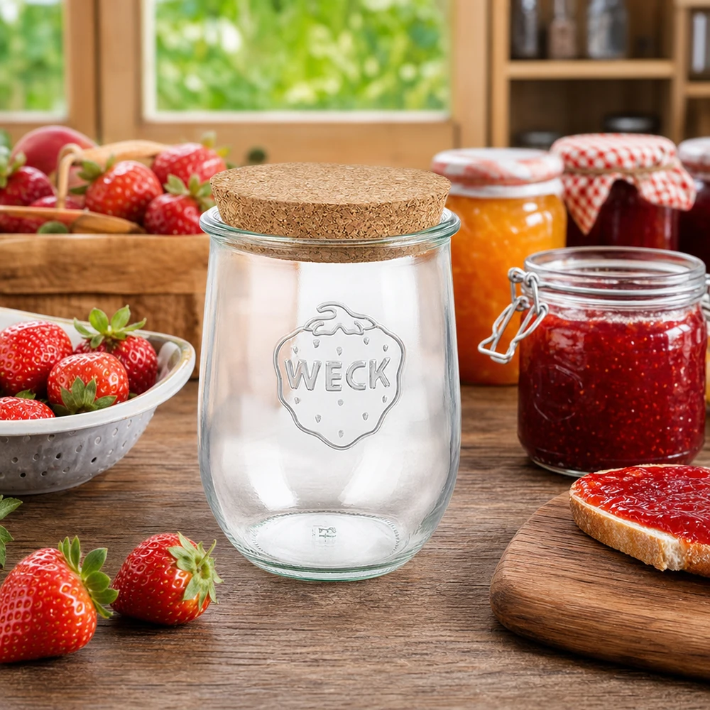 1062ml tulpenglas WECK RR100 met kurk WECK RR100 Tulpenpot 1062ml met kurken deksel Keukentafereel met aardbeien en zelfgemaakte jam