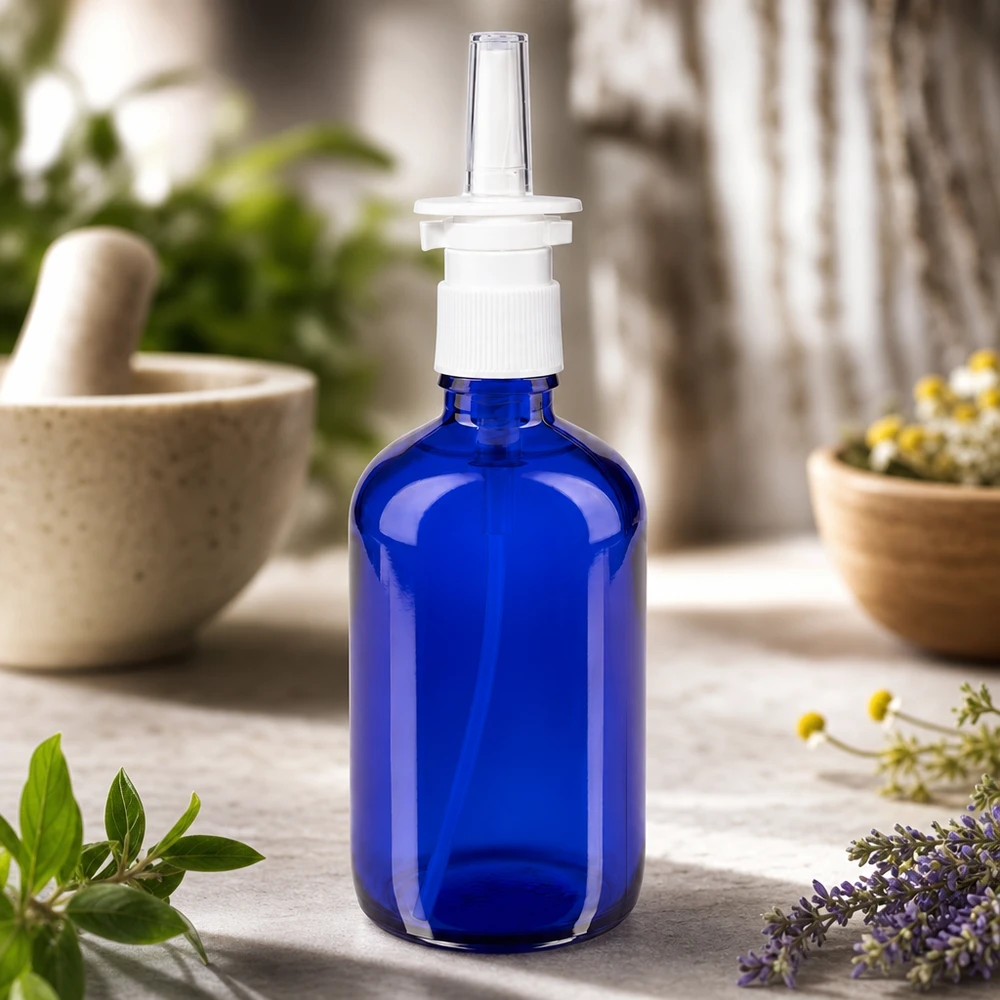Blauwe apothekersfles van 100 ml met neusspraykop, wit en transparant, tegen een lichte achtergrond van natuursteen