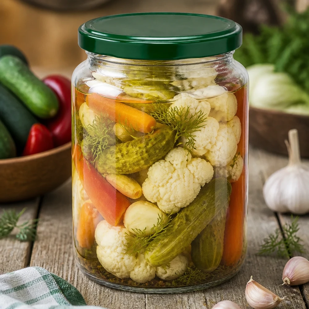UNiTWIST ronde pot 795ml met ingemaakte gemengde groenten en dille - groen BasicSeal deksel voor conserveren en fermenteren