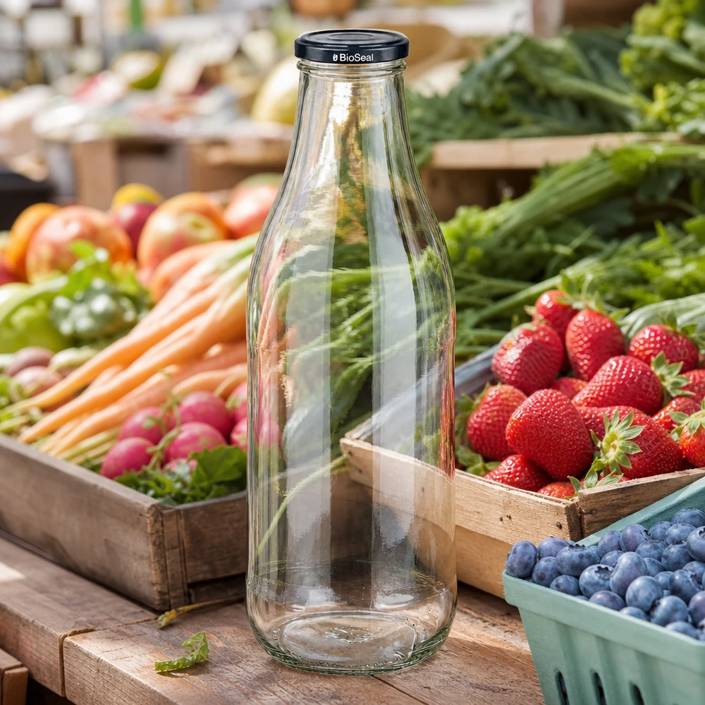 1000ml glazen fles BioSeal deksel zwarte marktkraam vers fruit groenten aardbeien bosbessen duurzaam regionaal