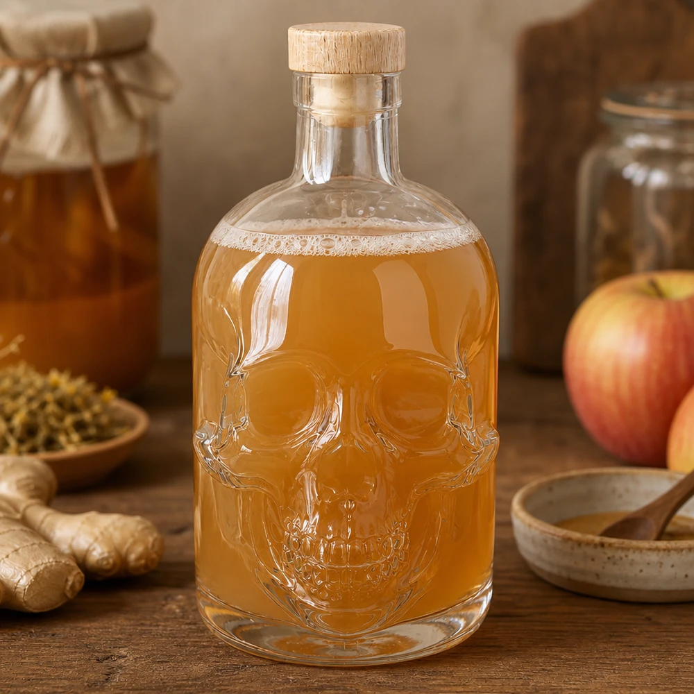 500 ml glazen fles Jack met houten kurk UNiTWIST® Dekorative Totenkopf-Glasflasche Jack 500ml mit Honig befüllt, Holzkorken und rustikalem Küchen-Ambiente mit Äpfeln