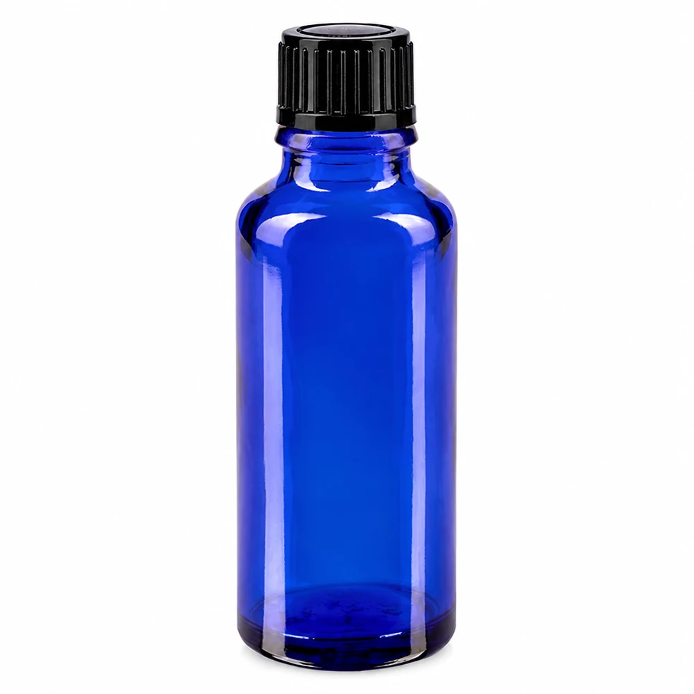 Kleine blauwe Apofles van 30 ml, UV-bestendig glas met standaarddop van 11 mm, zwart