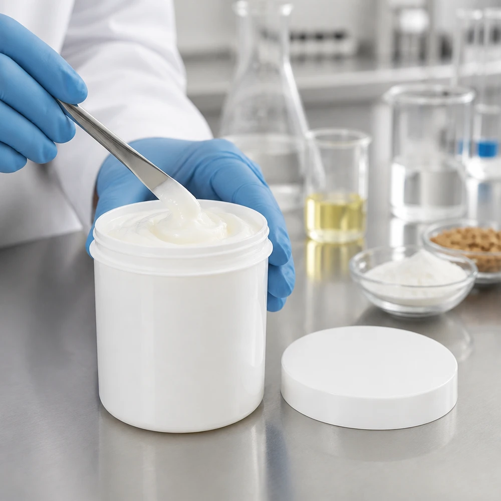 Apotheekpotje voor zalf 250 g, wit, gevuld met witte crème in een steriele laboratoriumomgeving