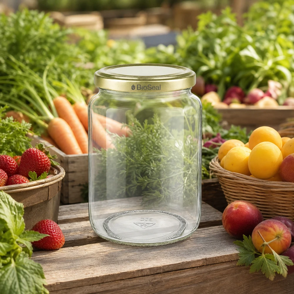 1000g BioSeal honingpot omringd door vers fruit en groenten toont natuurlijke versheid en bewaring
