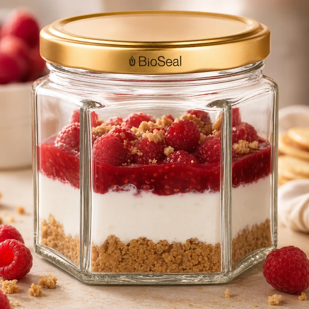 47ml hexaglas met BioSeal deksel goud UNiTWIST UNiTWIST Hexa47 met gouden BioSeal deksel als dessertpot gevuld met frambozen gelaagd dessert en crumble
