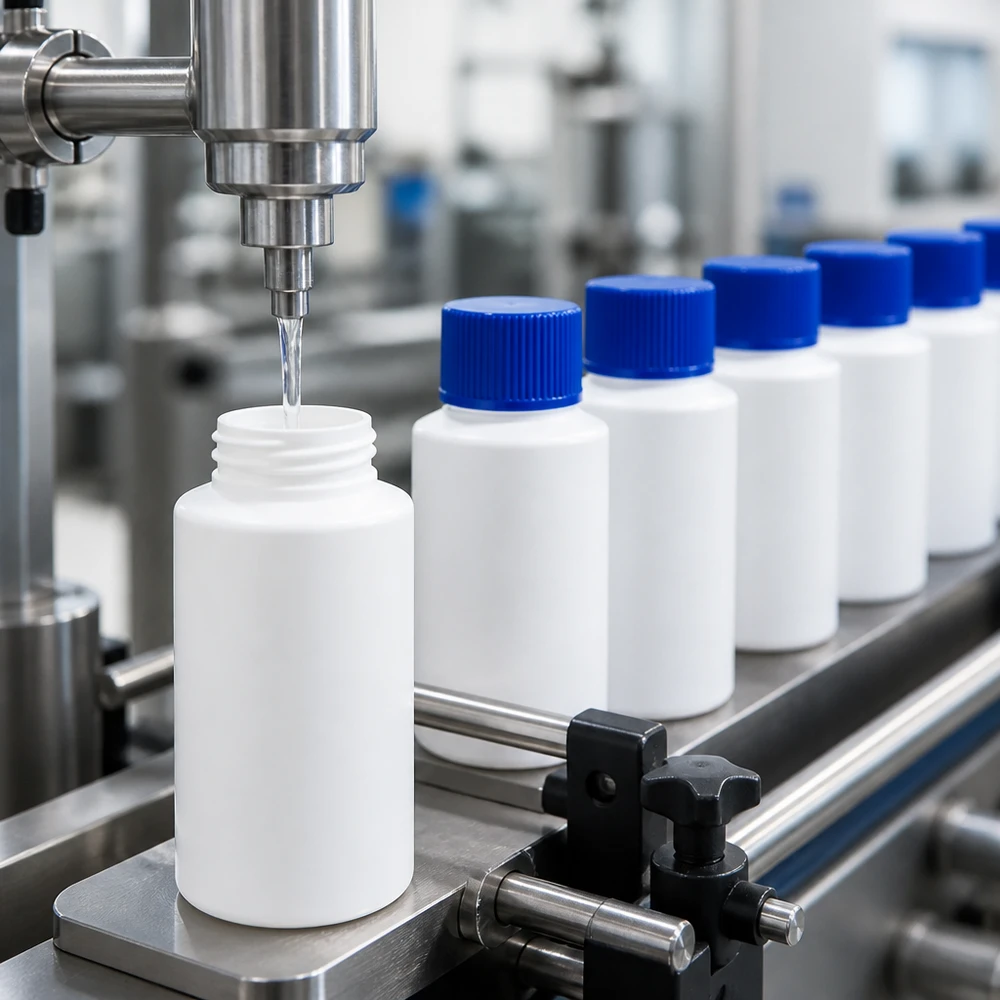 PET cilinderfles 30ml wit met schroefsluiting blauw Zeer zuivere HDPE-flesjes van 30 ml, wit met een blauwe SV, voor gebruik in het farmaceutische afvulproces