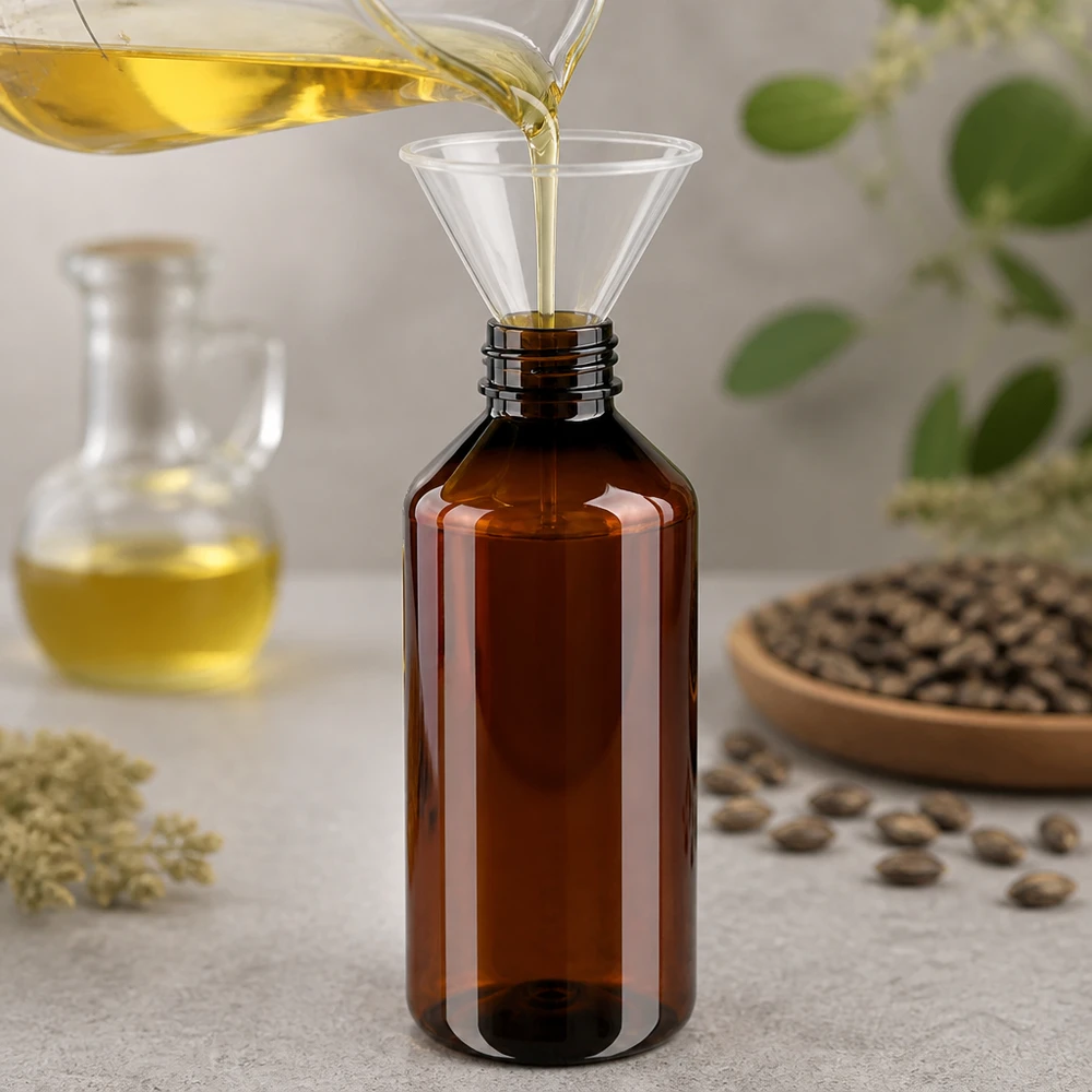 50 ml PET medicijnfles met verstuiver zwart GCMI 28/410 incl. dop transparant, standaard Bruine plastic fles van 1000 ml, UV-bestendig, ideaal voor plantaardige oliën
