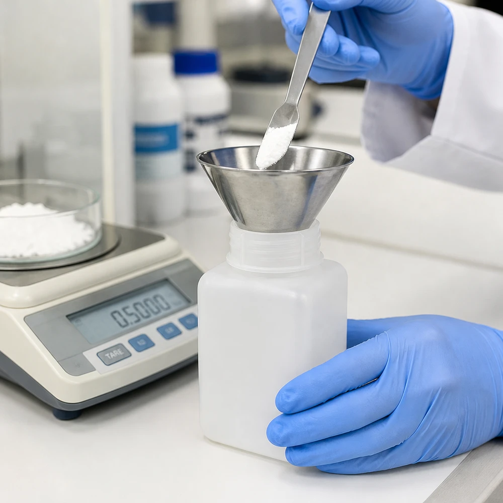 Stevige chemicaliefles van 1000 ml, gemaakt van naturel PE-HD, met een grote opening voor het vullen met poeder