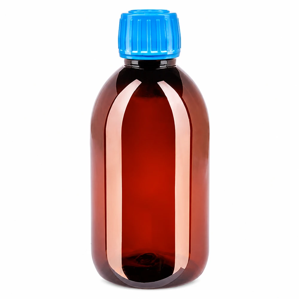 50 ml PET medicijnfles met verstuiver zwart GCMI 28/410 incl. dop transparant, standaard Kleine bruine PET-apothekersfles van 250 ml met blauwe dop en verzegeling