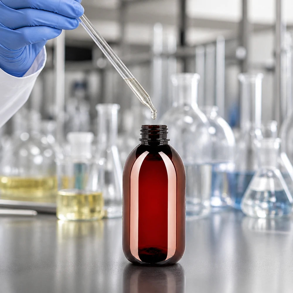 PET-fles 250 ml met witte flip-top dop. Bruine PET-farmaceutische fles van 250 ml met smalle opening voor nauwkeurige dosering in het laboratorium