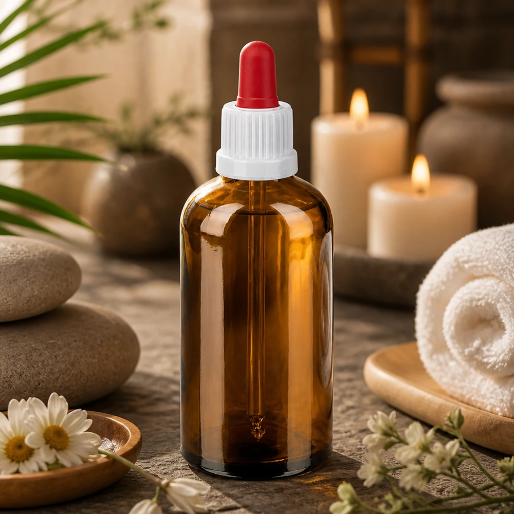 Navulbare 100ml amberkleurige glazen fles met hygiënisch pipetsysteem voor herhaald gebruik
