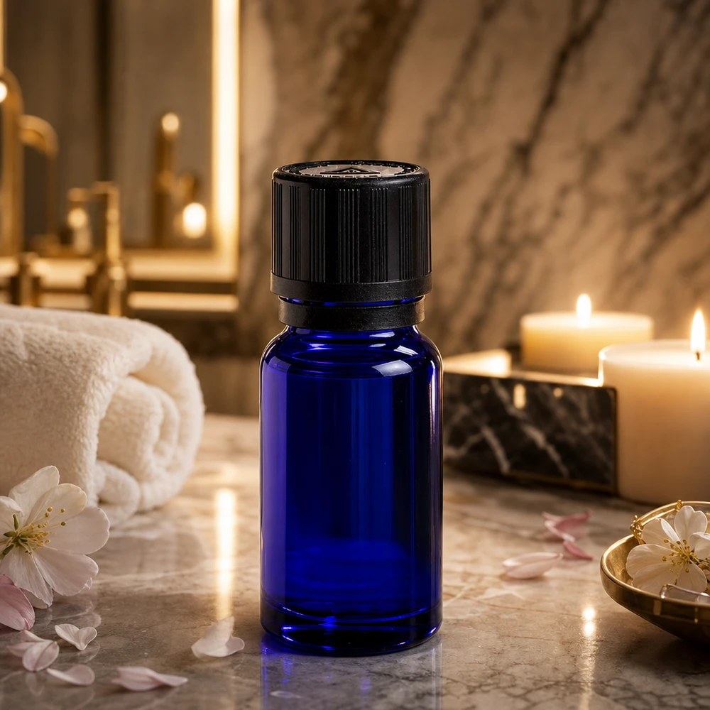 Zwarte kindveilige sluiting met ribbels op een blauw flesje van 10 ml in de wellnessruimte