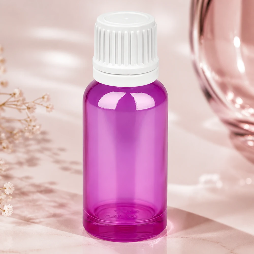 20ml druppelfles 0.7mm wit Originality schroefdop sluiting PurpleLine UT18/20 20ml druppelflesje transparant paars met kindveilige witte dop voor laboratoriumtoepassingen