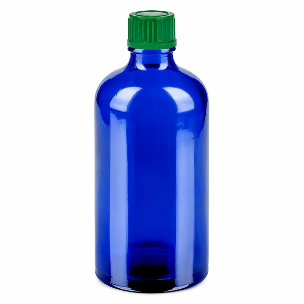 100ml fles 11mm SV groen STD BlueLine UT18/100 Hoogwaardige glazen fles 100ml blauw met UV-bescherming en kindveilige groene dop