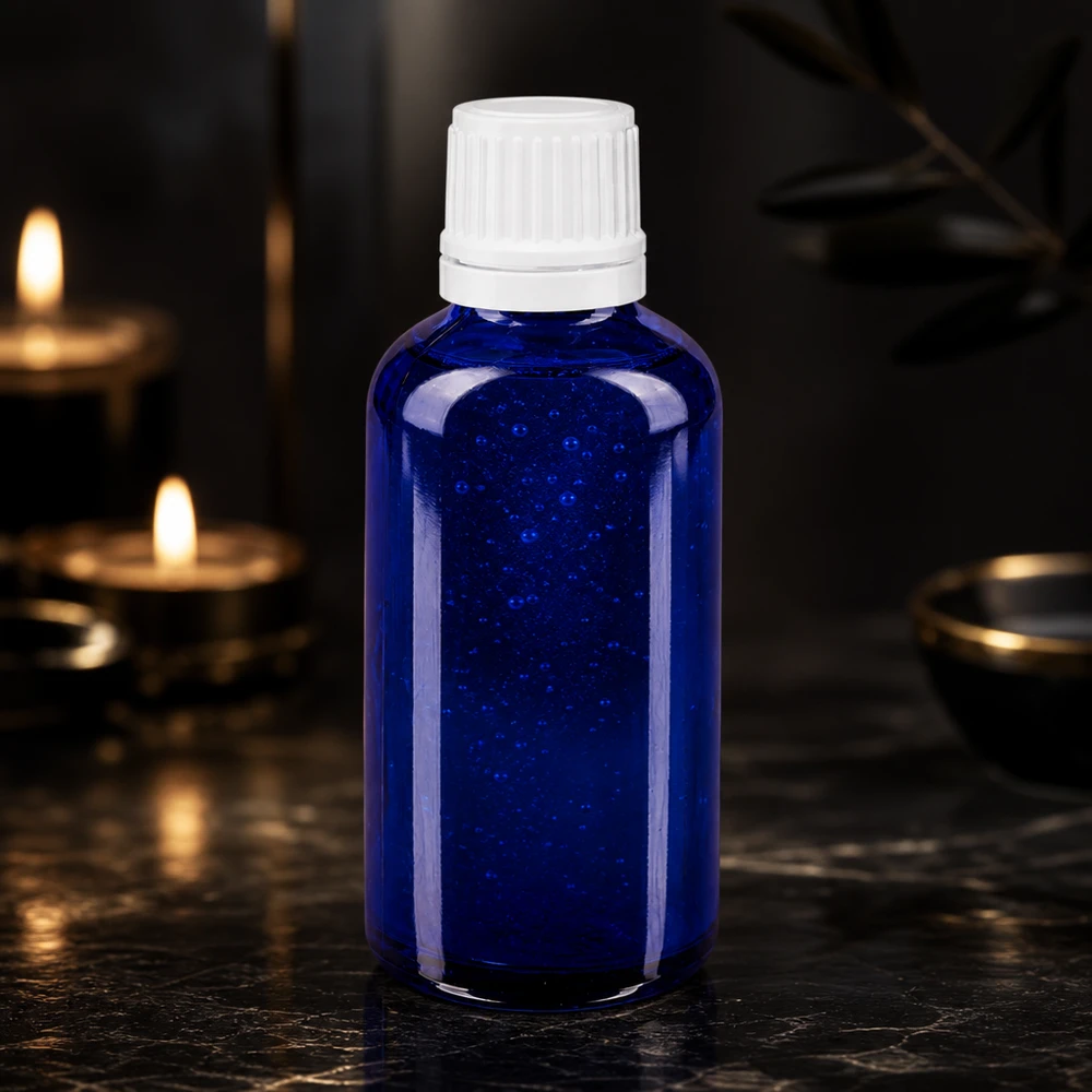 Blauwe glazen flessen 50ml met wit druppelsluiting 1.2mm VR Kleine blauwe medicijnflesje van 50 ml, van glas, met originele witte druppeldop