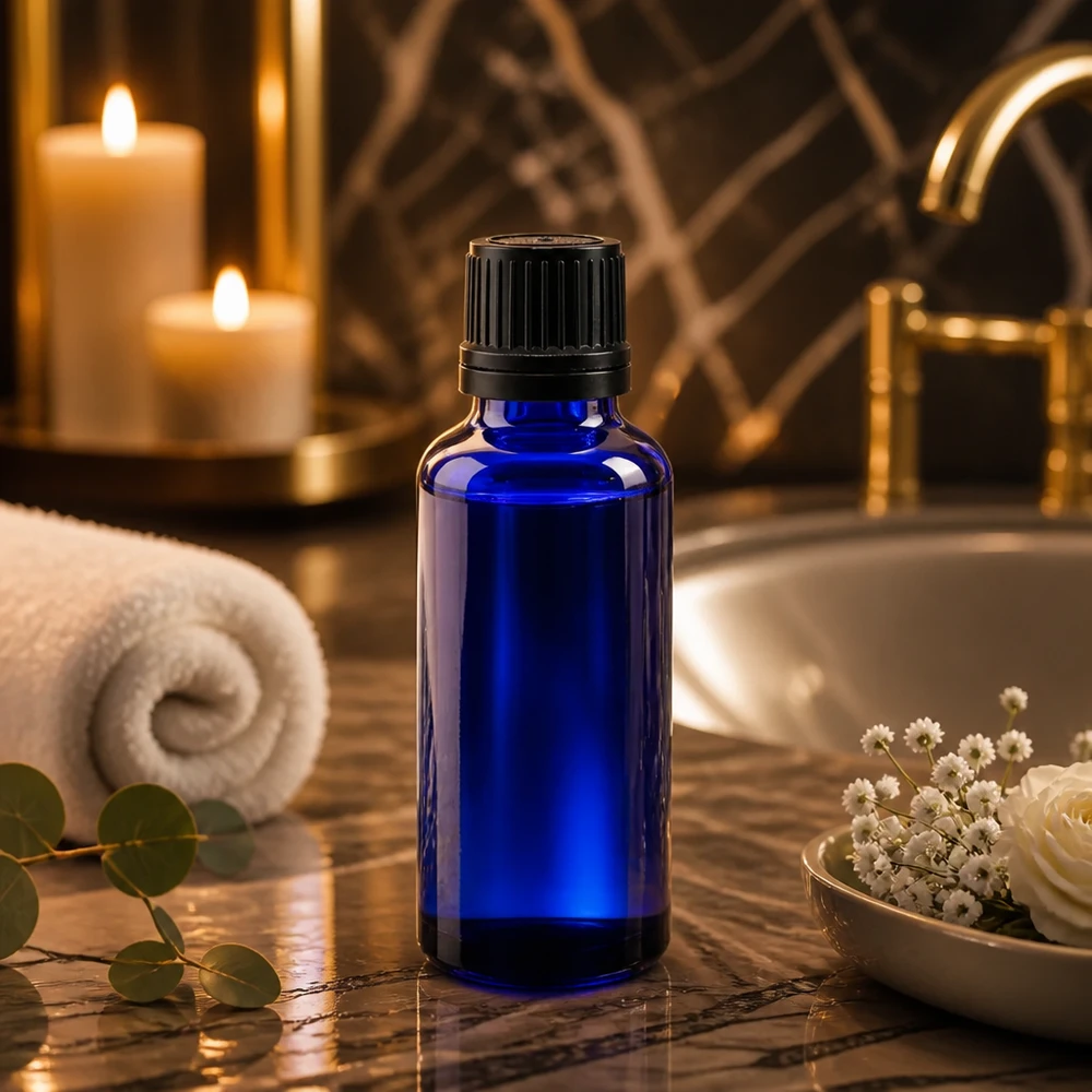 Kleine blauwe glazen fles van 30 ml met verzegelde dop voor aromatherapie en essences